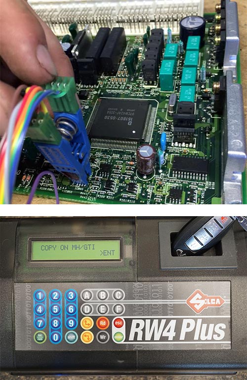 reprogramming an automotive computer (top) and programming a new key fob (bottom)