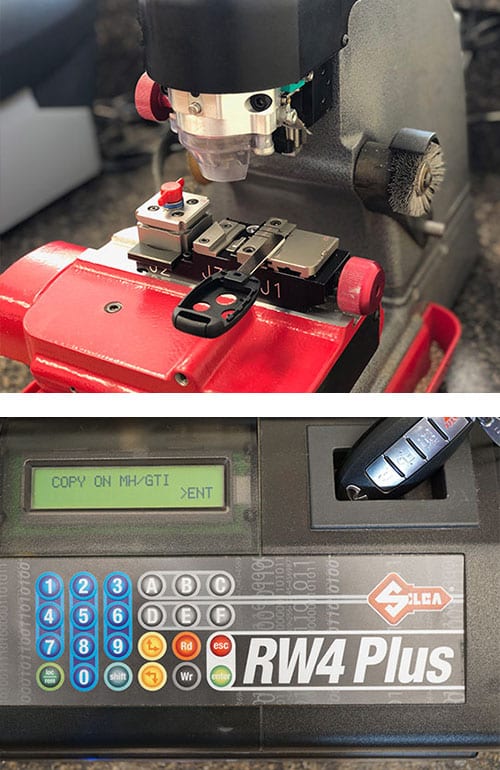 cutting a new car key (top) and programming a fob (bottom)