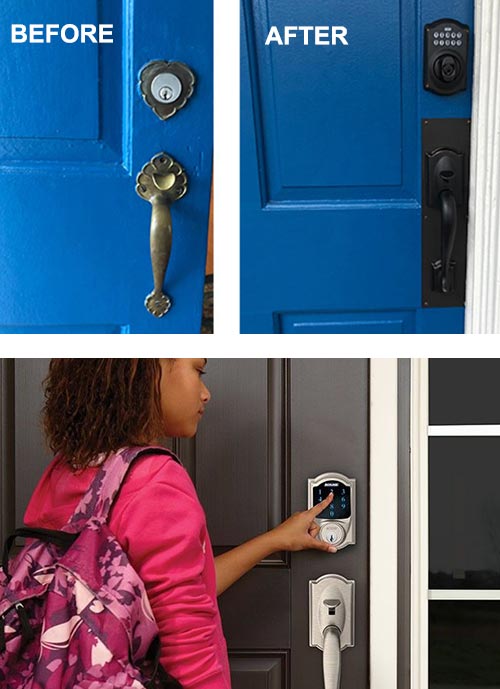 residential lock installation and a Schlage smart lock on a front door.
